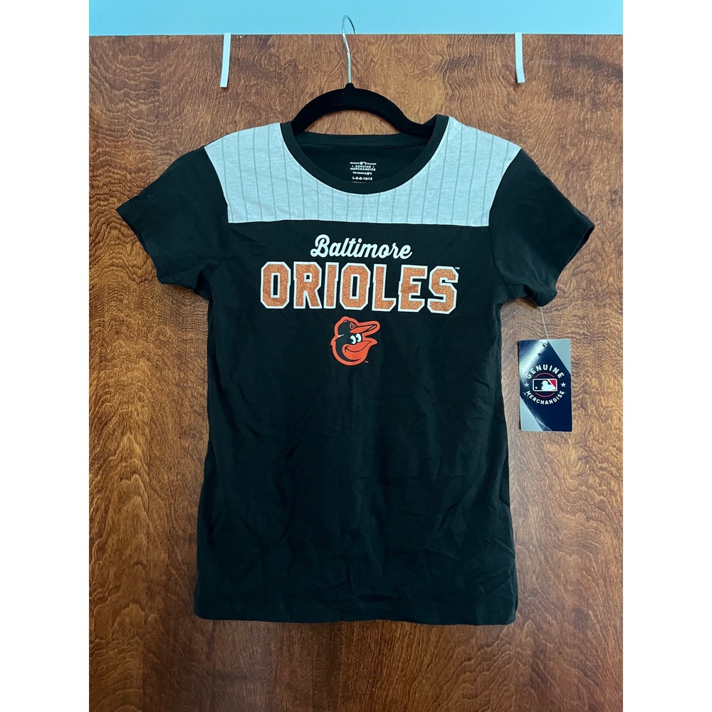 NEW MLB Baltimore Orioles T-Shirt Girls Large Black Glitter Pinstripe Graphic